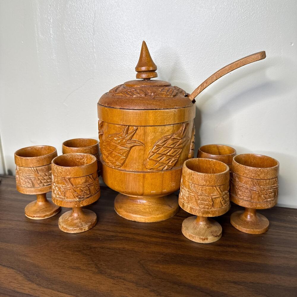 Vintage Tiki Punch Bowl Set with Ladle & 6 Goblet Cups